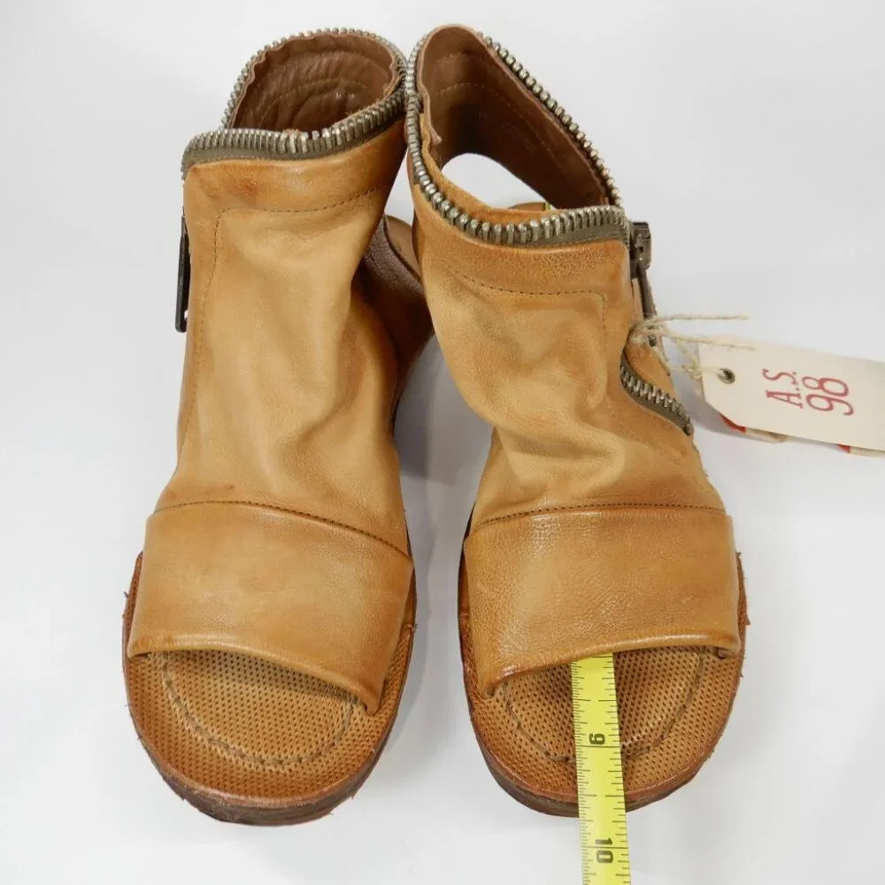 A.S.98 Ritchie Flat Sandals Peep Toe Bootie EU 36 5.5 6 Camel Leather Zipper NEW - Picture 5 of 12